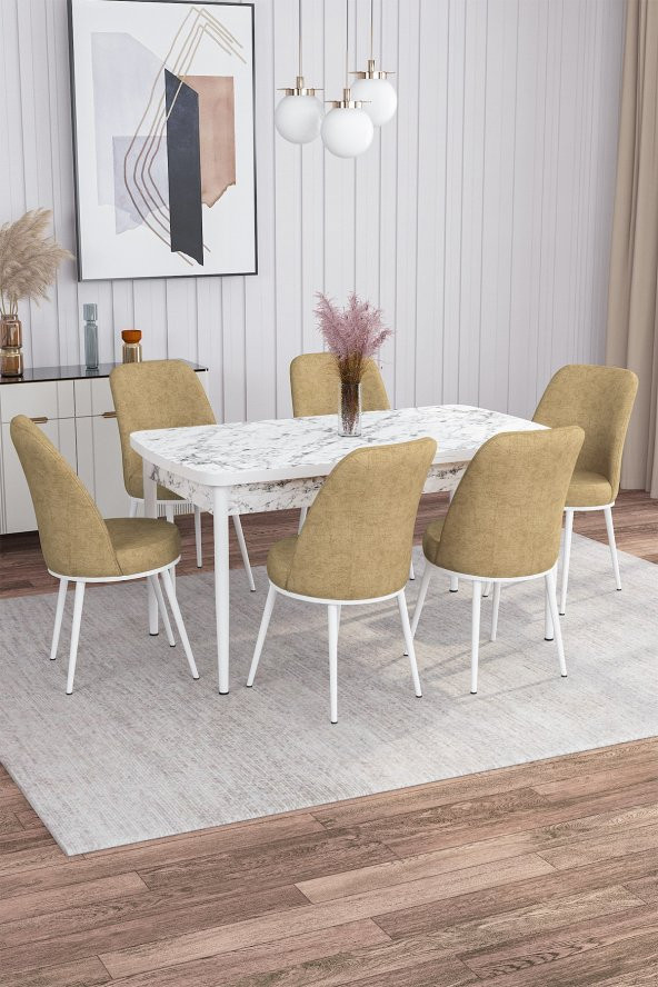 Rovena Leona Beyaz Mermer Desen 80x132 Mdf Açılabilir Yemek Masası Takımı 6 Adet Sandalye