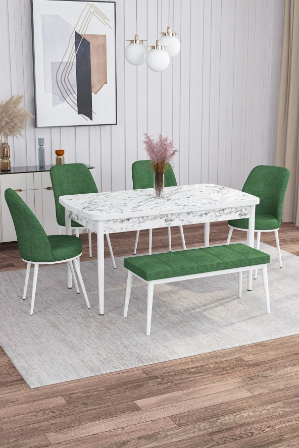 Rovena Leona Beyaz Mermer Desen 80x132 Mdf Açılabilir Yemek Masası Takımı 4 Sandalye, 1 Bench
