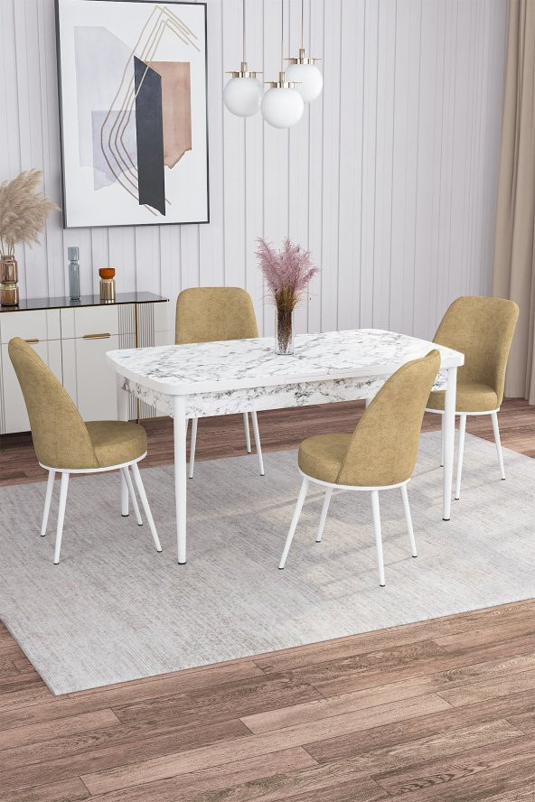 Rovena Leona Beyaz Mermer Desen 80x132 Mdf Açılabilir Yemek Masası Takımı 4 Adet Sandalye