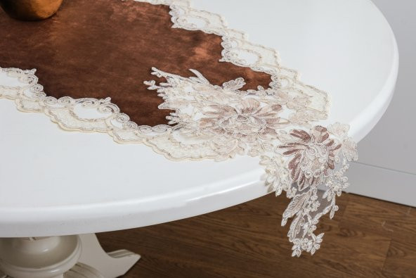 Finezza Beste Kadife Güpürlü Runnerlı Kahverengi Salon Takımı 5 Parça-1455 - 3