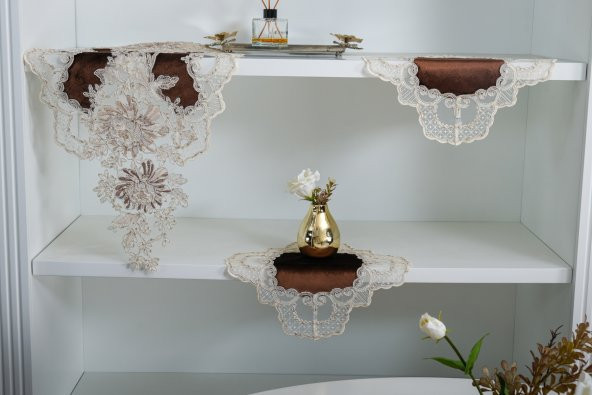 Finezza Beste Kadife Güpürlü Runnerlı Kahverengi Salon Takımı 5 Parça-1455 - 4