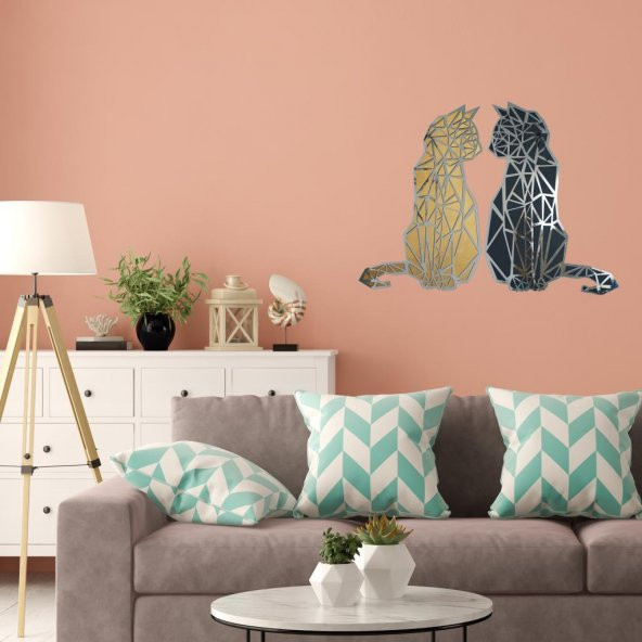 Veraart Aynalı İkiz Geometrik Kedi Ahşap Katmanlı Duvar Dekoru 80 cm - 6