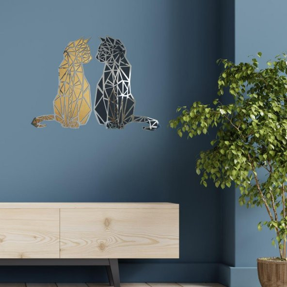 Veraart Aynalı İkiz Geometrik Kedi Ahşap Katmanlı Duvar Dekoru 80 cm - 8