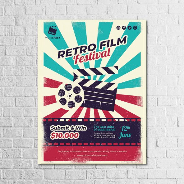 Retro Film Festival 13,5x18 cm Ahşap Retro Tablo