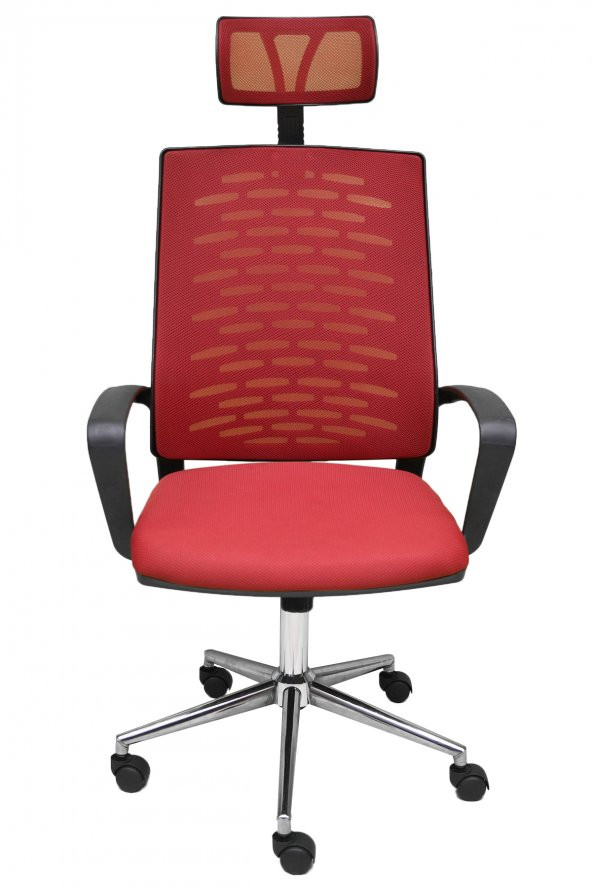 Porziyon Nadya Kırmızı Fileli Krom Yönetici Ofis Büro Bilgisayar Çalışma Koltuğu - Sandalyesi