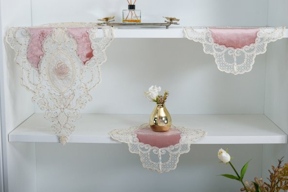 Finezza Öykü Aplikeli Güpürlü Kadife Gülkurusu Salon Takımı 5 Parça-1456 - Resim 4