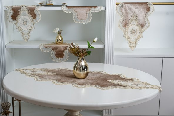 Finezza Mahidevran Aplikeli Güpürlü Kadife Kahverengi Salon Takımı 5 Parça-1457