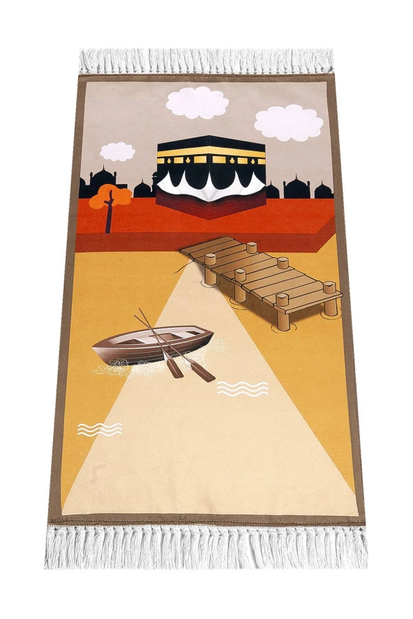 Dijital Baskılı Çocuk Seccadesi - Kayıklı Kabeli Kahverengi - 44 X 78 cm