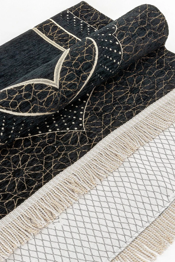 Mihrap Desenli Astarlı Şönil Seccade - Siyah - Resim 4