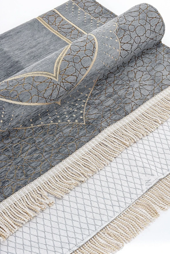 Mihrap Desenli Astarlı Şönil Seccade - Gri - Resim 4