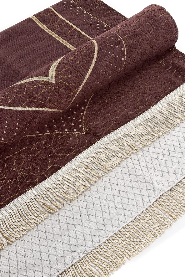 Mihrap Desenli Astarlı Şönil Seccade - Koyu Kahverengi - Resim 4