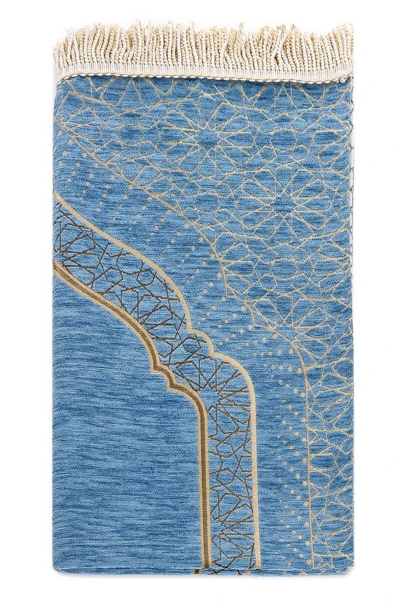 Mihrap Desenli Astarlı Şönil Seccade - Mavi - Resim 2