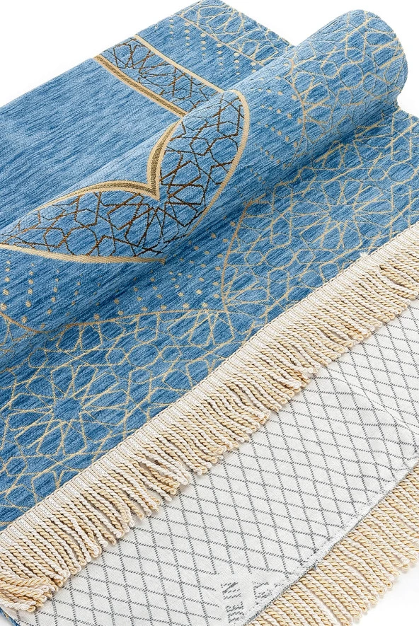 Mihrap Desenli Astarlı Şönil Seccade - Mavi - Resim 4