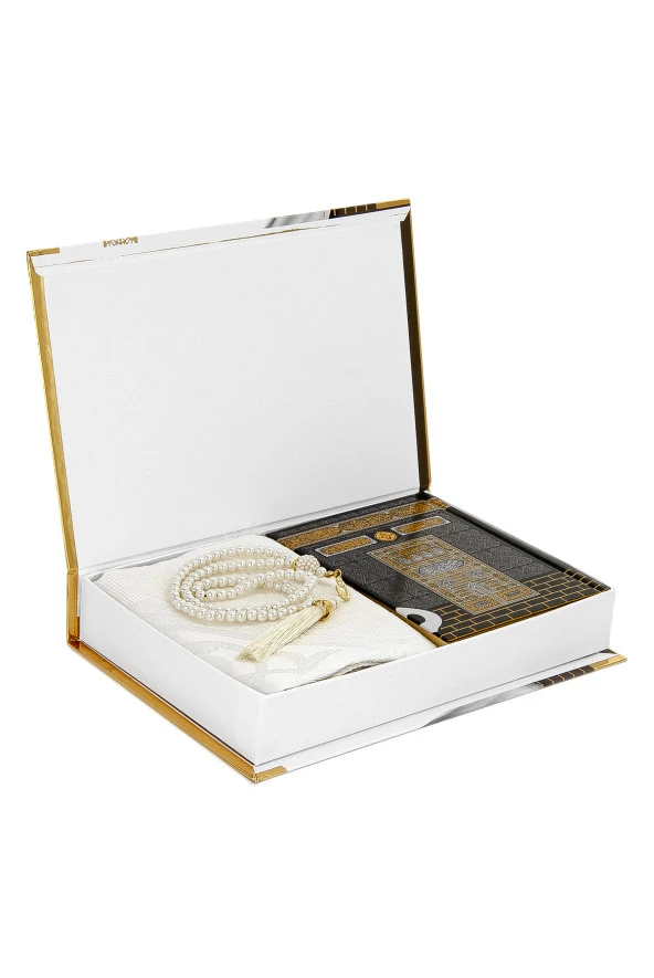 Kabe Kutulu Tafta Seccadeli ve Kabeli Kuran Seti Krem Renk - Resim 4