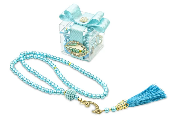 5 Adet Hediyelik İsme Özel Dekoratif Mika Kutulu 99 lu İnci Tesbih - Turkuaz - 2