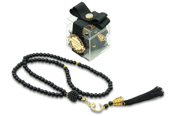 5 Adet Hediyelik İsme Özel Dekoratif Mika Kutulu 99 lu İnci Tesbih - Siyah - 2