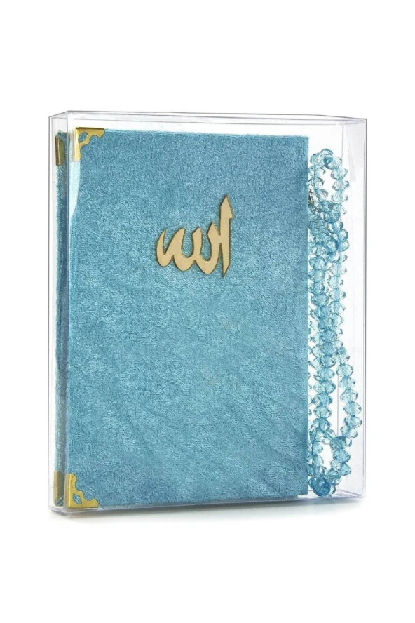 10 Adet Kadife Kaplı Yasin Kitabı - Çanta Boy - Tesbihli - Şeffaf Kutulu - Mavi - Hediyelik Yasin Seti