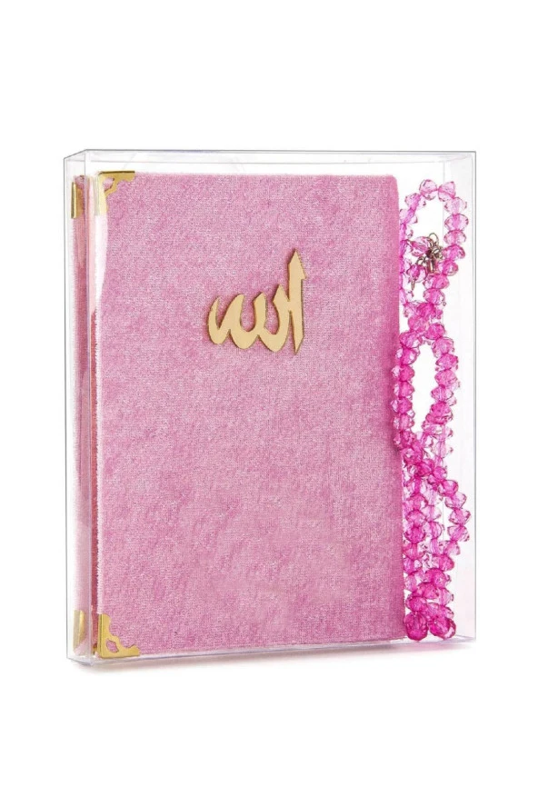 10 Adet Kadife Kaplı Yasin Kitabı - Çanta Boy - Tesbihli - Şeffaf Kutulu - Pembe - Hediyelik Yasin Seti