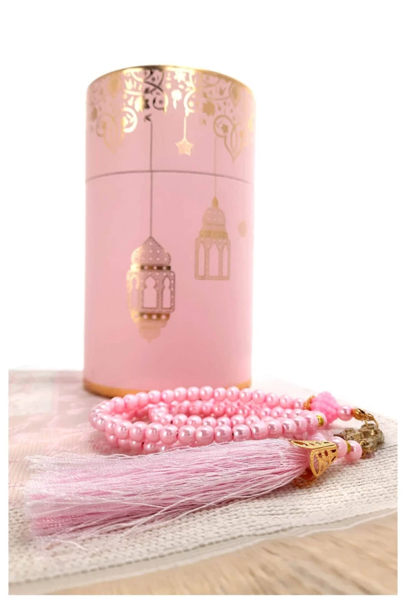 Seccadeli ve İnci Tesbihli Özel Silindir Kutulu Set Pembe - Resim 2