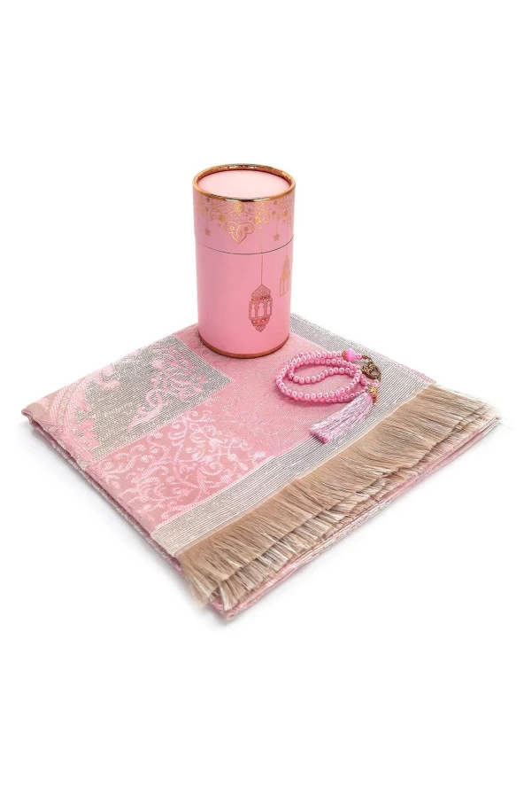 Seccadeli ve İnci Tesbihli Özel Silindir Kutulu Set Pembe - Resim 3