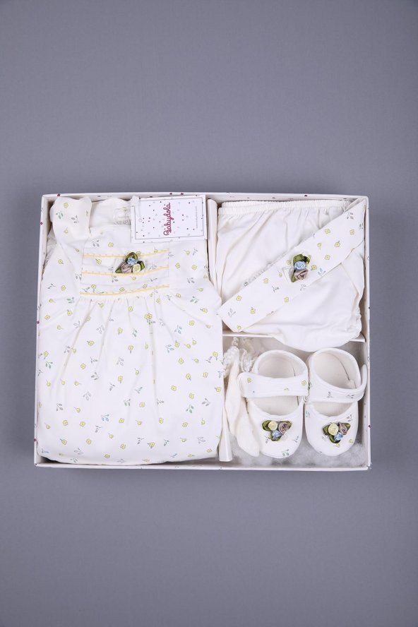 Gül Detaylı Çiçekli Kız Bebek Bayramlık Elbise 5'li Set Kutulu 11688 - 12