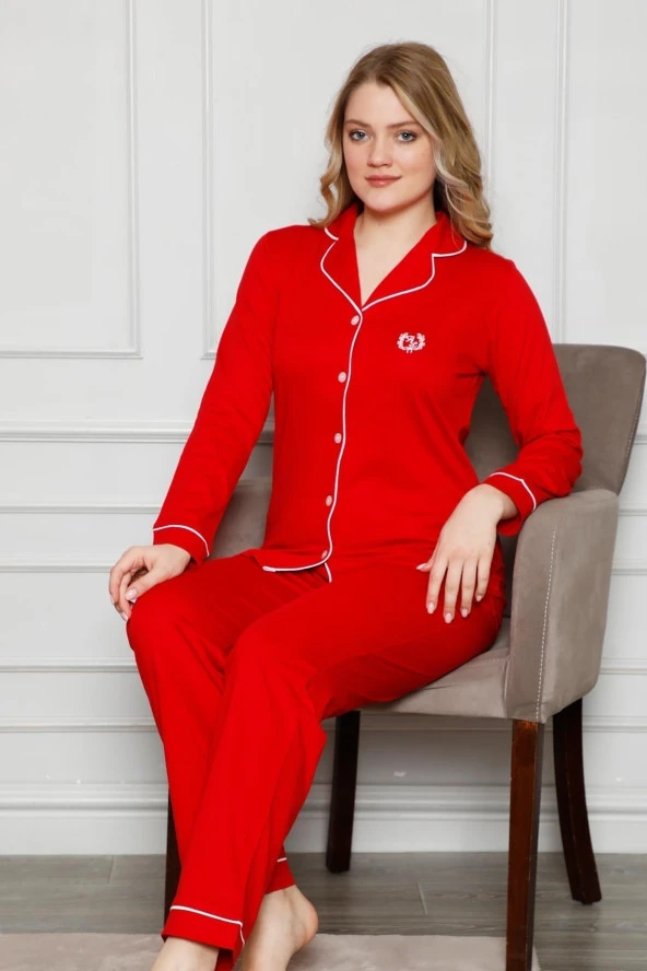 Dreamy Pamuklu Biyeli Gömlek Pijama Takımı Kırmızı