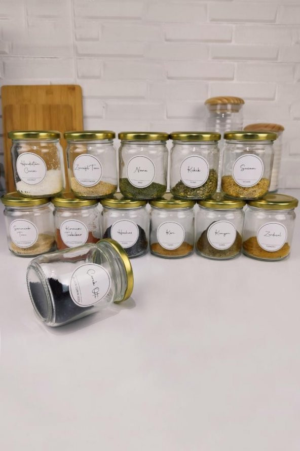 Digithome 12'li Baharatlık Seti ve 35 Adet Baharat Etiketli Kavanoz Seti 210 Ml Gold Kapaklı - SH-006 C320.016 - Resim 3