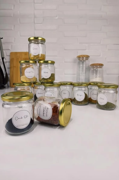 Digithome 12'li Baharatlık Seti ve 35 Adet Baharat Etiketli Kavanoz Seti 210 Ml Gold Kapaklı - SH-006 C320.016 - Resim 4