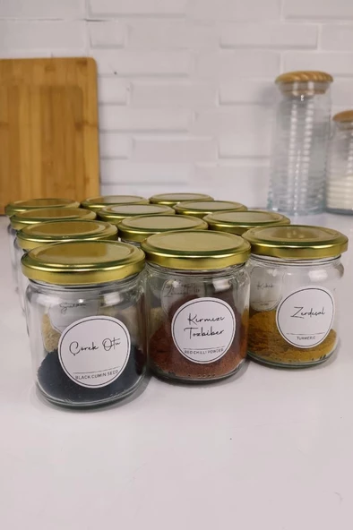 Digithome 12'li Baharatlık Seti ve 35 Adet Baharat Etiketli Kavanoz Seti 210 Ml Gold Kapaklı - SH-006 C320.016 - Resim 5