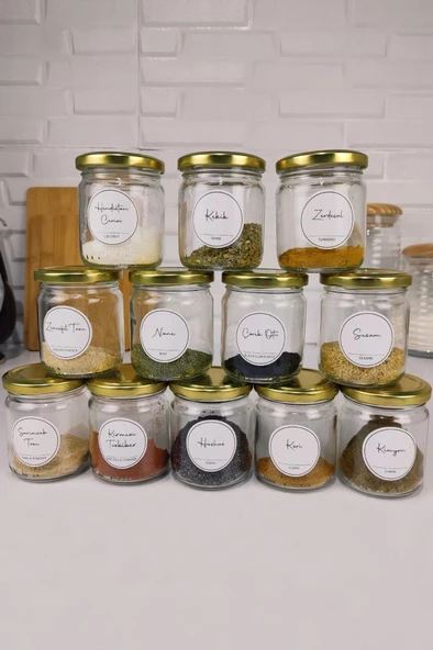 Digithome 12'li Baharatlık Seti ve 35 Adet Baharat Etiketli Kavanoz Seti 210 Ml Gold Kapaklı - SH-006 C320.016 - Resim 2