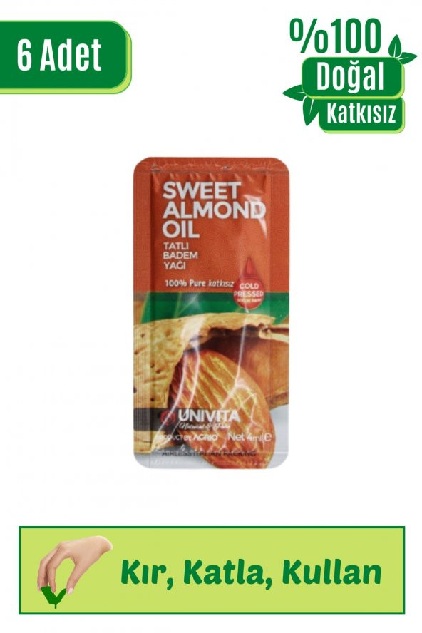 Univita Doğal Katkısız Soğuk Sıkım Tatlı Badem Yağı / Sweet Almond Oil 4 ml x 6 Adet