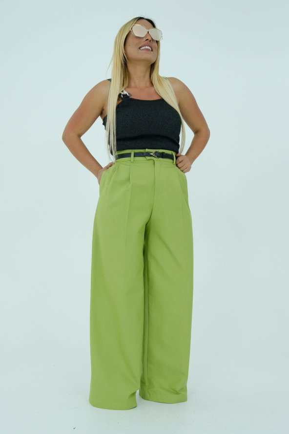 Fıstık yeşili siyah kemerli bol paça pantolon - 4