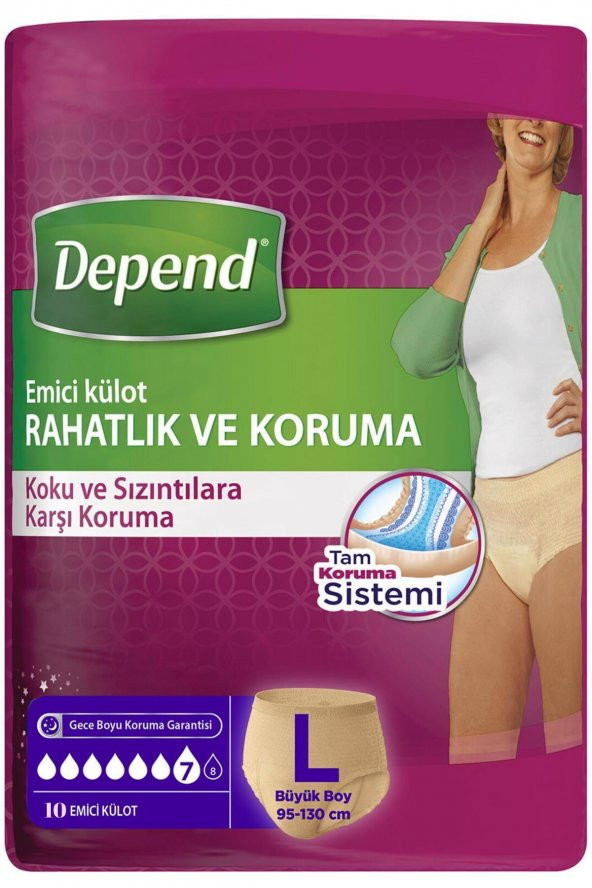 Depend Emici Külot Büyük Boy Large 42-50 Beden 10 Adet (95-130 Cm Bel Ölçüsü)