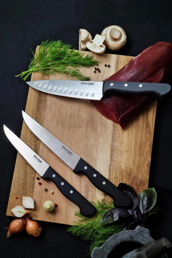 Stevig Cut 4 Chefs Daily Use Şef ve Et Mutfak Bıçak Seti 17,5 Cm 15,5 Cm ve 13 Cm ST-400.008 - ST-400.010 - ST-400.011