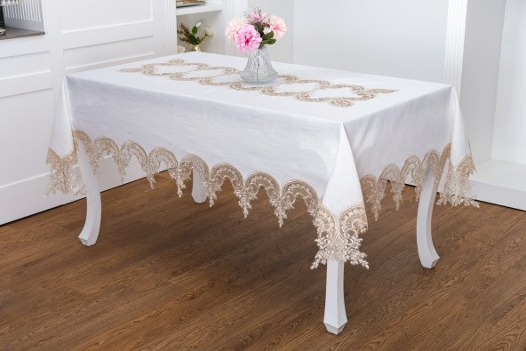 Finezza Elena Lüx Dantelli Simli Keten Kumaş Krem Masa Örtüsü  160x220 cm-1460
