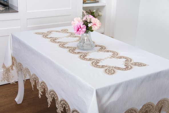Finezza Elena Lüx Dantelli Simli Keten Kumaş Krem Masa Örtüsü  160x220 cm-1460 - 2