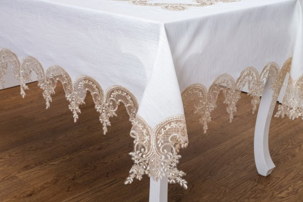 Finezza Elena Lüx Dantelli Simli Keten Kumaş Krem Masa Örtüsü  160x220 cm-1460 - 3