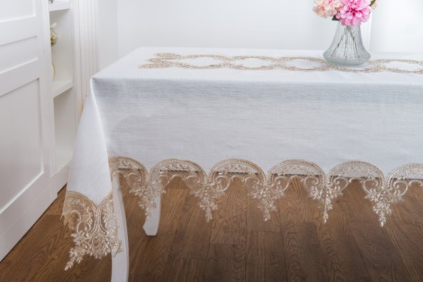 Finezza Elena Lüx Dantelli Simli Keten Kumaş Krem Masa Örtüsü  160x220 cm-1460 - 4