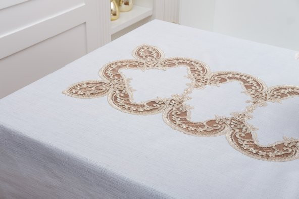 Finezza Elena Lüx Dantelli Simli Keten Kumaş Krem Masa Örtüsü  160x220 cm-1460 - 5