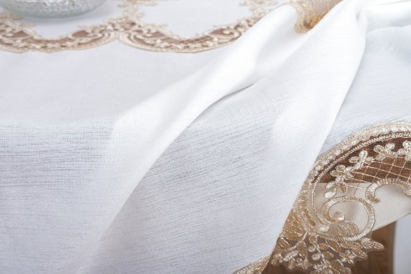 Finezza Elena Lüx Dantelli Simli Keten Kumaş Krem Masa Örtüsü  160x220 cm-1460 - 6