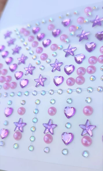 Mor İnci, Yıldız, Kalpli Model 159 Adet Işıltılı Yüz Ve Vücut Taşı Sticker - 3