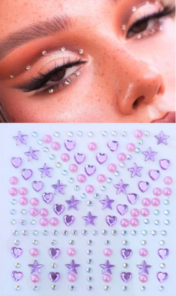 Mor İnci, Yıldız, Kalpli Model 159 Adet Işıltılı Yüz Ve Vücut Taşı Sticker