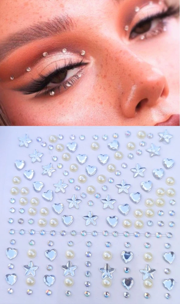 Beyaz İnci, Yıldız, Kalpli Model 159 Adet Işıltılı Yüz Ve Vücut Taşı Sticker - 3