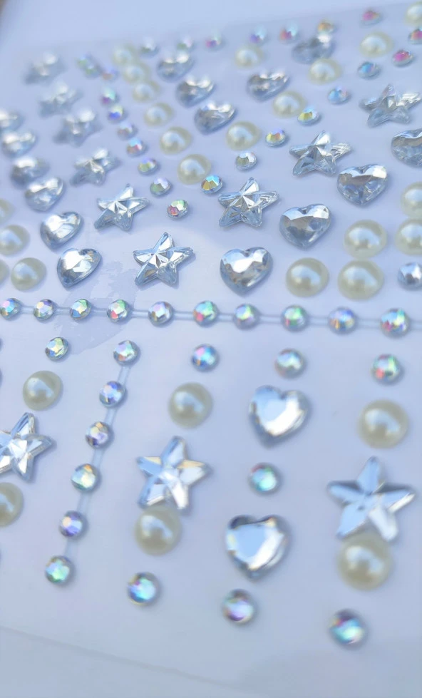 Beyaz İnci, Yıldız, Kalpli Model 159 Adet Işıltılı Yüz Ve Vücut Taşı Sticker - 2