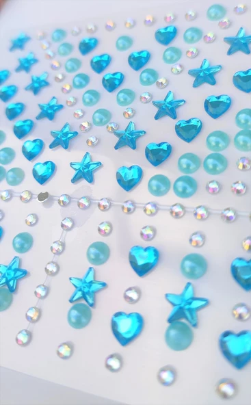 Mavi İnci, Yıldız, Kalpli Model 159 Adet Işıltılı Yüz Ve Vücut Taşı Sticker - 3