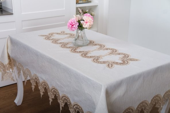 Finezza Elena Lüx Dantelli Simli Keten Kumaş Bej Masa Örtüsü  160x220 cm-1461 - 2