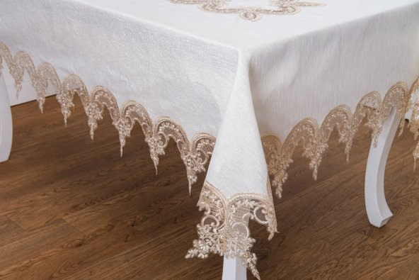 Finezza Elena Lüx Dantelli Simli Keten Kumaş Bej Masa Örtüsü  160x220 cm-1461 - 3