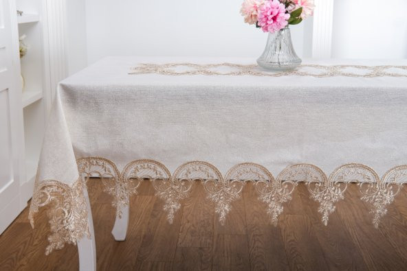 Finezza Elena Lüx Dantelli Simli Keten Kumaş Bej Masa Örtüsü  160x220 cm-1461 - 4