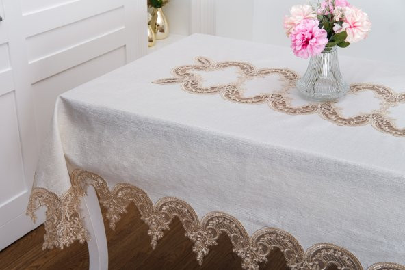 Finezza Elena Lüx Dantelli Simli Keten Kumaş Bej Masa Örtüsü  160x220 cm-1461 - 5