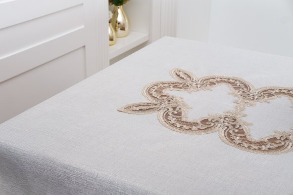 Finezza Elena Lüx Dantelli Simli Keten Kumaş Bej Masa Örtüsü  160x220 cm-1461 - 6